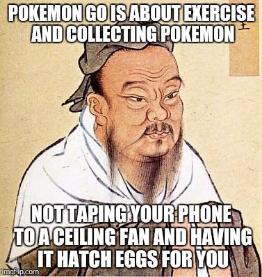 Confucious say | POKEMON GO IS ABOUT EXERCISE AND COLLECTING POKEMON; NOT TAPING YOUR PHONE TO A CEILING FAN AND HAVING IT HATCH EGGS FOR YOU | image tagged in confucious say | made w/ Imgflip meme maker