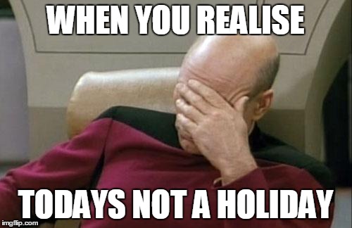 Captain Picard Facepalm | WHEN YOU REALISE; TODAYS NOT A HOLIDAY | image tagged in memes,captain picard facepalm | made w/ Imgflip meme maker