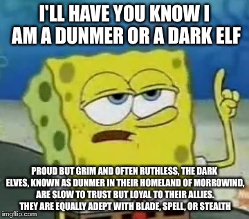 I'll Have You Know Spongebob Meme | I'LL HAVE YOU KNOW I AM A DUNMER OR A DARK ELF; PROUD BUT GRIM AND OFTEN RUTHLESS, THE DARK ELVES, KNOWN AS DUNMER IN THEIR HOMELAND OF MORROWIND, ARE SLOW TO TRUST BUT LOYAL TO THEIR ALLIES. THEY ARE EQUALLY ADEPT WITH BLADE, SPELL, OR STEALTH | image tagged in memes,ill have you know spongebob | made w/ Imgflip meme maker