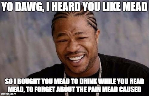 Yo Dawg Heard You Meme | YO DAWG, I HEARD YOU LIKE MEAD; SO I BOUGHT YOU MEAD TO DRINK WHILE YOU READ MEAD, TO FORGET ABOUT THE PAIN MEAD CAUSED | image tagged in memes,yo dawg heard you | made w/ Imgflip meme maker