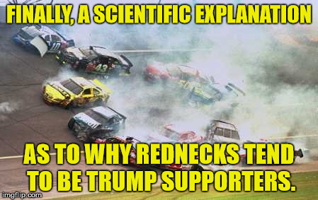 Because Race Car Meme | FINALLY, A SCIENTIFIC EXPLANATION; AS TO WHY REDNECKS TEND TO BE TRUMP SUPPORTERS. | image tagged in memes,because race car | made w/ Imgflip meme maker