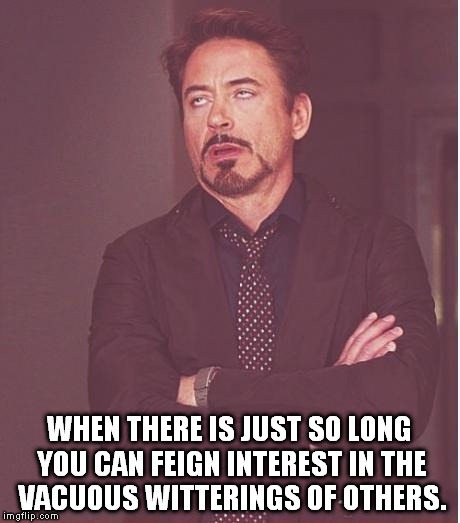 Face You Make Robert Downey Jr Meme | WHEN THERE IS JUST SO LONG YOU CAN FEIGN INTEREST IN THE VACUOUS WITTERINGS OF OTHERS. | image tagged in memes,face you make robert downey jr | made w/ Imgflip meme maker