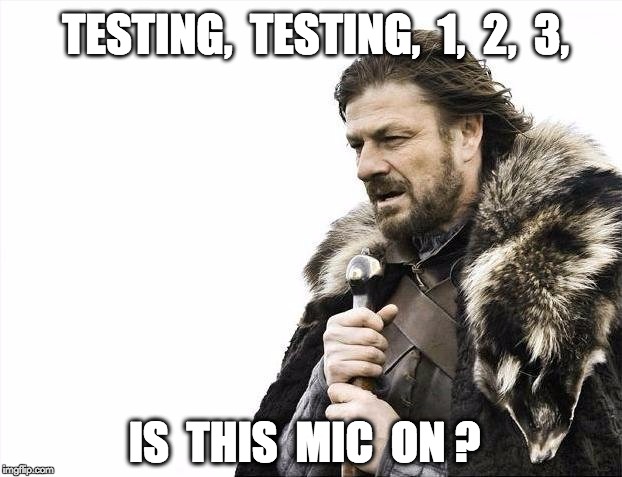 Brace Yourselves X is Coming | TESTING,  TESTING,  1,  2,  3, IS  THIS  MIC  ON ? | image tagged in memes,brace yourselves x is coming | made w/ Imgflip meme maker