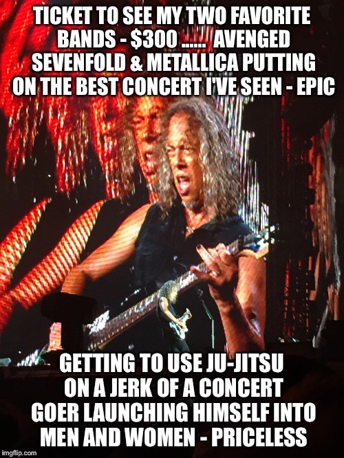 Epic concert with a side of ju-jitsu | TICKET TO SEE MY TWO FAVORITE BANDS - $300 ......

AVENGED SEVENFOLD & METALLICA PUTTING ON THE BEST CONCERT I'VE SEEN - EPIC; GETTING TO USE JU-JITSU ON A JERK OF A CONCERT GOER LAUNCHING HIMSELF INTO MEN AND WOMEN - PRICELESS | image tagged in metallica,avenged sevenfold,concert,ju-jitsu,throwing out the garbage,epic performance | made w/ Imgflip meme maker