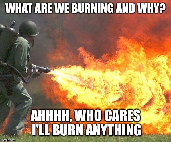 WHAT ARE WE BURNING AND WHY? AHHHH, WHO CARES I'LL BURN ANYTHING | image tagged in flamethrower | made w/ Imgflip meme maker