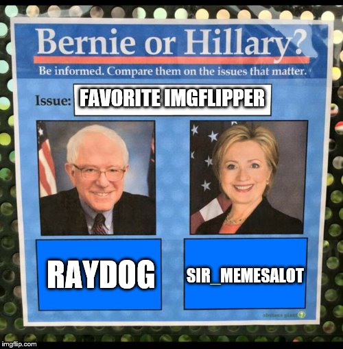 Bernie or Hillary? | FAVORITE IMGFLIPPER; SIR_MEMESALOT; RAYDOG | image tagged in bernie or hillary | made w/ Imgflip meme maker