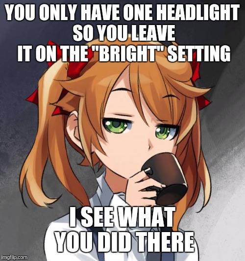 I See What You Did There | YOU ONLY HAVE ONE HEADLIGHT SO YOU LEAVE IT ON THE "BRIGHT" SETTING; I SEE WHAT YOU DID THERE | image tagged in i see what you did there | made w/ Imgflip meme maker