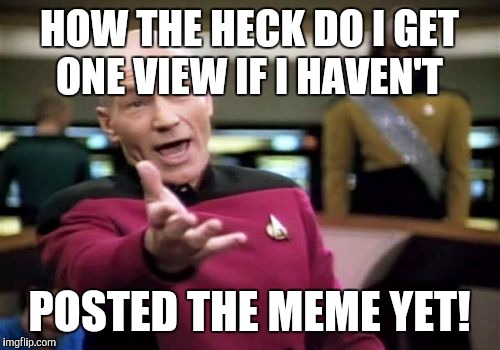 Is it because I'm going back and I'm the one viewing my own meme, then I should be allowed to upvote my meme once! | HOW THE HECK DO I GET ONE VIEW IF I HAVEN'T; POSTED THE MEME YET! | image tagged in memes,picard wtf | made w/ Imgflip meme maker
