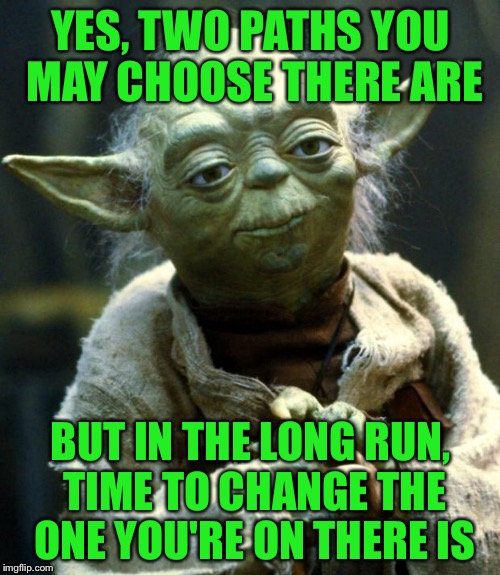 Star Wars Yoda Meme | YES, TWO PATHS YOU MAY CHOOSE THERE ARE BUT IN THE LONG RUN, TIME TO CHANGE THE ONE YOU'RE ON THERE IS | image tagged in memes,star wars yoda | made w/ Imgflip meme maker