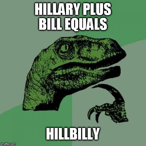 Philosoraptor | HILLARY PLUS BILL EQUALS; HILLBILLY | image tagged in memes,philosoraptor | made w/ Imgflip meme maker