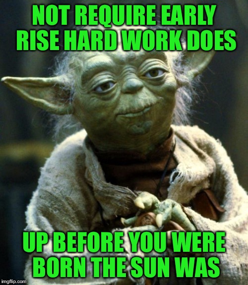 Star Wars Yoda Meme | NOT REQUIRE EARLY RISE HARD WORK DOES UP BEFORE YOU WERE BORN THE SUN WAS | image tagged in memes,star wars yoda | made w/ Imgflip meme maker