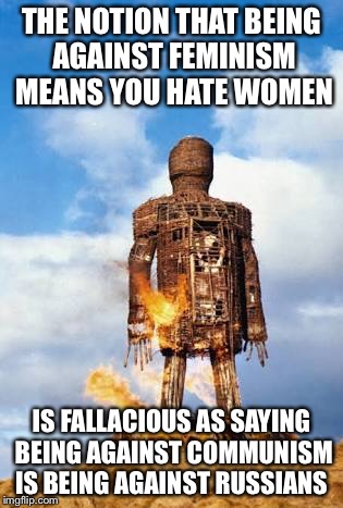 strawman argument | THE NOTION THAT BEING AGAINST FEMINISM MEANS YOU HATE WOMEN; IS FALLACIOUS AS SAYING BEING AGAINST COMMUNISM IS BEING AGAINST RUSSIANS | image tagged in strawman argument | made w/ Imgflip meme maker
