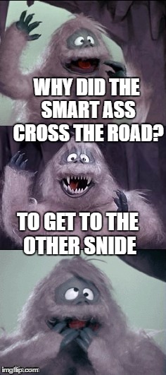 Smart ass bumble | WHY DID THE SMART ASS CROSS THE ROAD? TO GET TO THE OTHER SNIDE | image tagged in bad pun bumble,bumble's joke,memes,bad pun | made w/ Imgflip meme maker