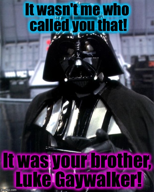 Darth | It wasn't me who called you that! It was your brother, Luke Gaywalker! | image tagged in darth | made w/ Imgflip meme maker