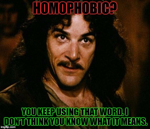"Phobic" by defenition means a fear of something. | HOMOPHOBIC? YOU KEEP USING THAT WORD. I DON'T THINK YOU KNOW WHAT IT MEANS. | image tagged in memes,inigo montoya,template quest,funny,stupid liberals | made w/ Imgflip meme maker