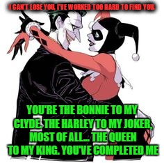 Wouldn't have it any other way :) | I CAN'T LOSE YOU, I'VE WORKED TOO HARD TO FIND YOU. YOU'RE THE BONNIE TO MY CLYDE. THE HARLEY TO MY JOKER, MOST OF ALL... THE QUEEN TO MY KING. YOU'VE COMPLETED ME | image tagged in joker harley,love,memes,love meme,mine | made w/ Imgflip meme maker
