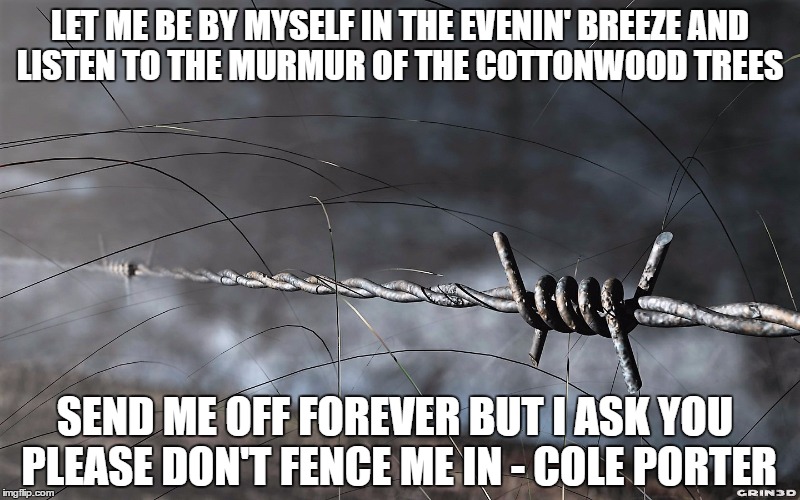 LET ME BE BY MYSELF IN THE EVENIN' BREEZE
AND LISTEN TO THE MURMUR OF THE COTTONWOOD TREES; SEND ME OFF FOREVER BUT I ASK YOU PLEASE
DON'T FENCE ME IN - COLE PORTER | image tagged in freedom,escape,fence,cole porter,barbed wire,love | made w/ Imgflip meme maker