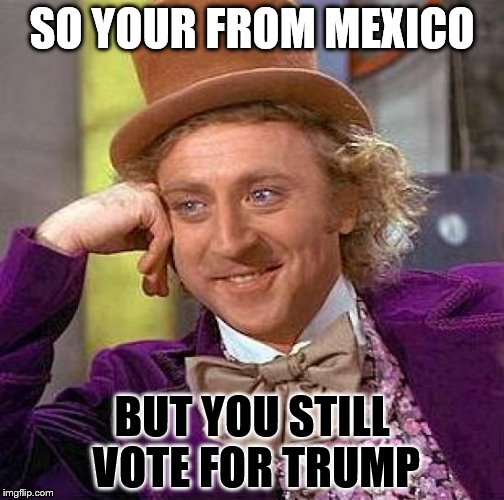 Creepy Condescending Wonka Meme | SO YOUR FROM MEXICO; BUT YOU STILL VOTE FOR TRUMP | image tagged in memes,creepy condescending wonka | made w/ Imgflip meme maker
