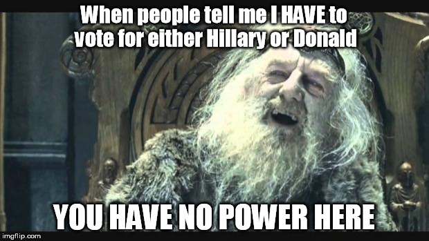 You have no power here | When people tell me I HAVE to vote for either Hillary or Donald; YOU HAVE NO POWER HERE | image tagged in you have no power here | made w/ Imgflip meme maker
