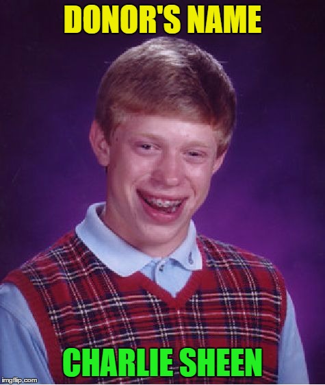 Bad Luck Brian Meme | DONOR'S NAME CHARLIE SHEEN | image tagged in memes,bad luck brian | made w/ Imgflip meme maker