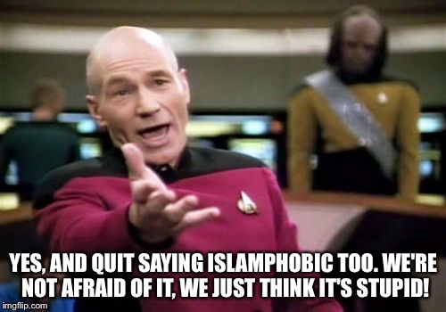 Picard Wtf Meme | YES, AND QUIT SAYING ISLAMPHOBIC TOO. WE'RE NOT AFRAID OF IT, WE JUST THINK IT'S STUPID! | image tagged in memes,picard wtf | made w/ Imgflip meme maker