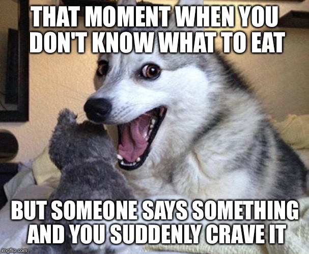 That moment when you don't know what you want to eat | THAT MOMENT WHEN YOU DON'T KNOW WHAT TO EAT; BUT SOMEONE SAYS SOMETHING AND YOU SUDDENLY CRAVE IT | image tagged in funny,bad pun dog | made w/ Imgflip meme maker