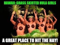 I can hardly wait to bed down | HAWAII: GRASS SKIRTED HULA GIRLS; A GREAT PLACE TO HIT THE HAY! | image tagged in hawaii,hula girls | made w/ Imgflip meme maker