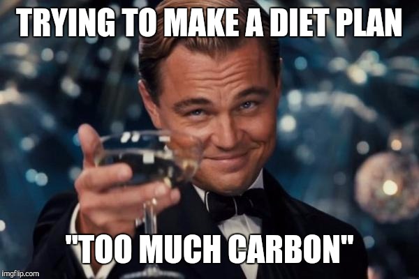 Leonardo Dicaprio Cheers Meme | TRYING TO MAKE A DIET PLAN; "TOO MUCH CARBON" | image tagged in memes,leonardo dicaprio cheers | made w/ Imgflip meme maker