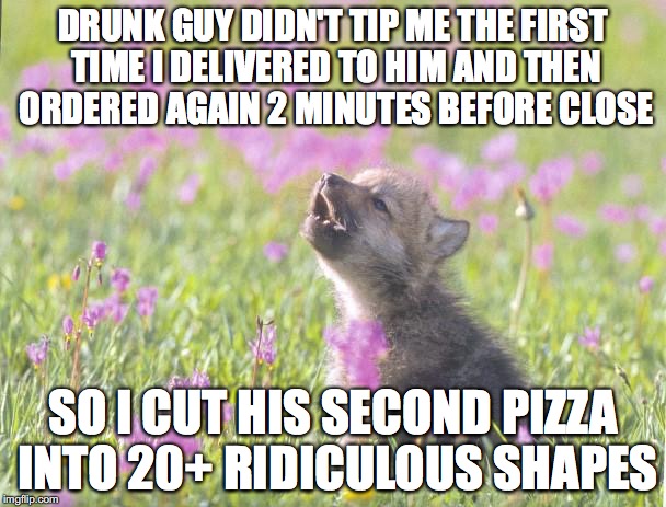 Baby Insanity Wolf Meme | DRUNK GUY DIDN'T TIP ME THE FIRST TIME I DELIVERED TO HIM AND THEN ORDERED AGAIN 2 MINUTES BEFORE CLOSE; SO I CUT HIS SECOND PIZZA INTO 20+ RIDICULOUS SHAPES | image tagged in memes,baby insanity wolf,AdviceAnimals | made w/ Imgflip meme maker