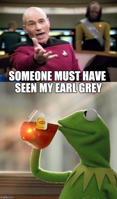 How did this frog come aboard? | SOMEONE MUST HAVE SEEN MY EARL GREY | image tagged in but thats none of my business,picard wtf,memes | made w/ Imgflip meme maker