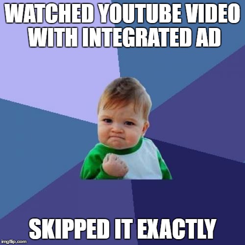 Success Kid Meme | WATCHED YOUTUBE VIDEO WITH INTEGRATED AD; SKIPPED IT EXACTLY | image tagged in memes,success kid,AdviceAnimals | made w/ Imgflip meme maker