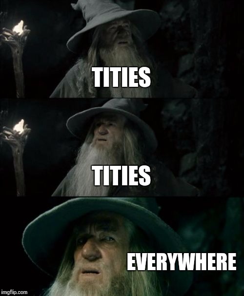 Confused Gandalf Meme | TITIES; TITIES; EVERYWHERE | image tagged in memes,confused gandalf | made w/ Imgflip meme maker
