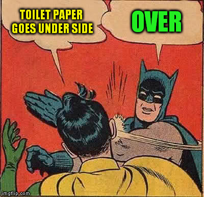 Batman Slapping Robin Meme | TOILET PAPER GOES UNDER SIDE OVER | image tagged in memes,batman slapping robin | made w/ Imgflip meme maker