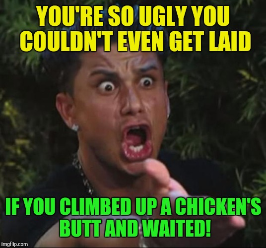 Insult of the day: August 24, 2016 | YOU'RE SO UGLY YOU COULDN'T EVEN GET LAID; IF YOU CLIMBED UP A CHICKEN'S BUTT AND WAITED! | image tagged in memes,dj pauly d,insult of the day,ugly | made w/ Imgflip meme maker