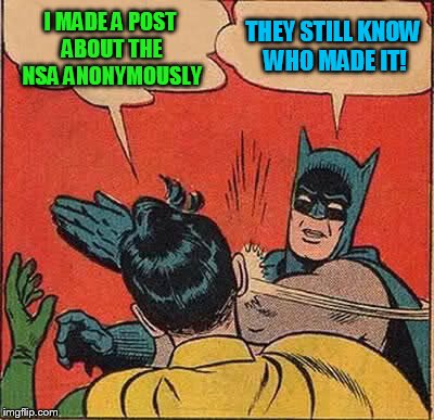 Batman Slapping Robin Meme | I MADE A POST ABOUT THE NSA ANONYMOUSLY THEY STILL KNOW WHO MADE IT! | image tagged in memes,batman slapping robin | made w/ Imgflip meme maker