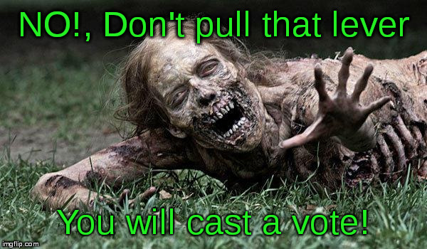 A cryptic warning? | NO!, Don't pull that lever; You will cast a vote! | image tagged in walking dead zombie,zombie warning,zombie | made w/ Imgflip meme maker
