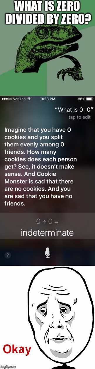 When Siri roasts you | WHAT IS ZERO DIVIDED BY ZERO? | image tagged in philosoraptor,memes | made w/ Imgflip meme maker