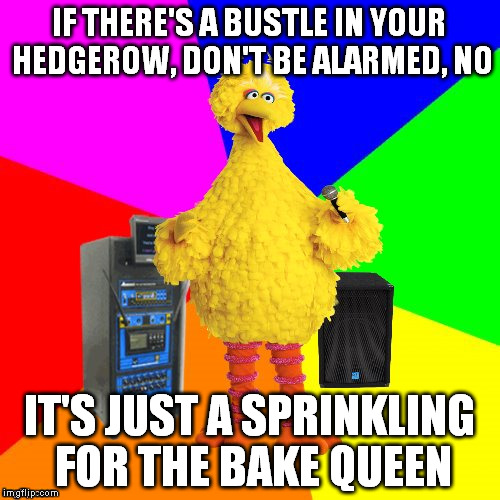 The one reason I don't like this song by Led Zeppelin | IF THERE'S A BUSTLE IN YOUR HEDGEROW, DON'T BE ALARMED, NO; IT'S JUST A SPRINKLING FOR THE BAKE QUEEN | image tagged in wrong lyrics karaoke big bird,led zeppelin,stairway to heaven | made w/ Imgflip meme maker