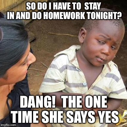 Third World Skeptical Kid Meme | SO DO I HAVE TO  STAY IN AND DO HOMEWORK TONIGHT? DANG!  THE ONE TIME SHE SAYS YES | image tagged in memes,third world skeptical kid | made w/ Imgflip meme maker