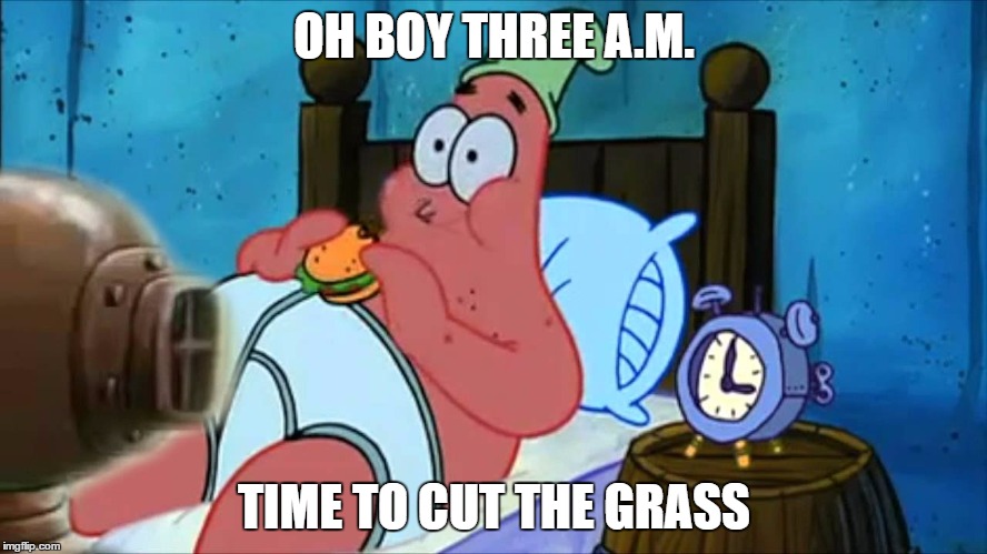 Oh Boy 3 am | OH BOY THREE A.M. TIME TO CUT THE GRASS | image tagged in oh boy 3 am | made w/ Imgflip meme maker