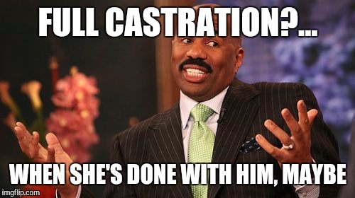 Steve Harvey Meme | FULL CASTRATION?... WHEN SHE'S DONE WITH HIM, MAYBE | image tagged in memes,steve harvey | made w/ Imgflip meme maker