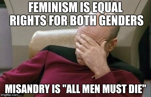 Captain Picard Facepalm Meme | FEMINISM IS EQUAL RIGHTS FOR BOTH GENDERS; MISANDRY IS "ALL MEN MUST DIE" | image tagged in memes,captain picard facepalm | made w/ Imgflip meme maker