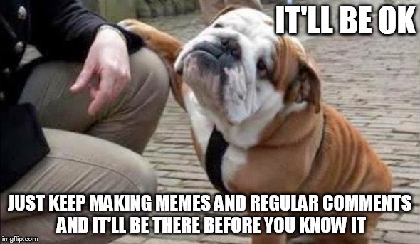 IT'LL BE OK JUST KEEP MAKING MEMES AND REGULAR COMMENTS AND IT'LL BE THERE BEFORE YOU KNOW IT | image tagged in there there dog | made w/ Imgflip meme maker