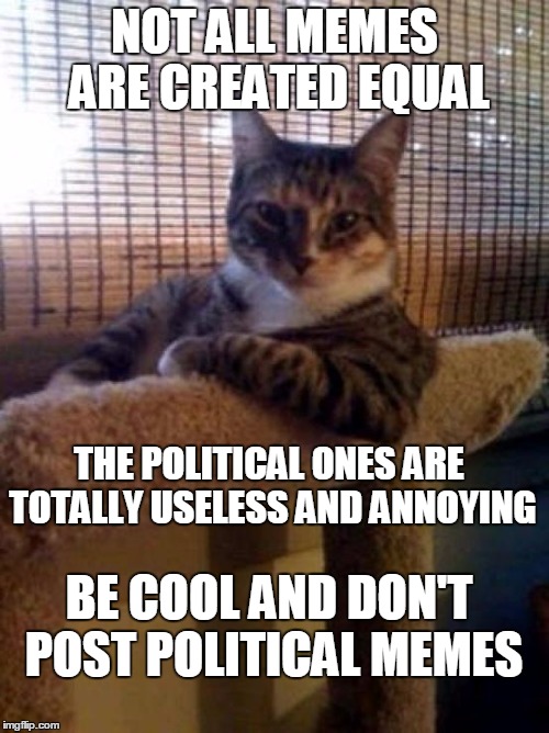 COOL AND WISE CAT SAYS: | NOT ALL MEMES ARE CREATED EQUAL; THE POLITICAL ONES ARE TOTALLY USELESS AND ANNOYING; BE COOL AND DON'T POST POLITICAL MEMES | image tagged in cats,election 2016,liberals,conservatives | made w/ Imgflip meme maker