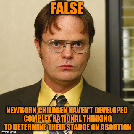 FALSE NEWBORN CHILDREN HAVEN'T DEVELOPED COMPLEX RATIONAL THINKING TO DETERMINE THEIR STANCE ON ABORTION | image tagged in dwight false | made w/ Imgflip meme maker