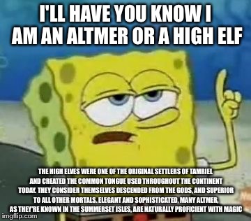 I'll Have You Know Spongebob Meme | I'LL HAVE YOU KNOW I AM AN ALTMER OR A HIGH ELF; THE HIGH ELVES WERE ONE OF THE ORIGINAL SETTLERS OF TAMRIEL AND CREATED THE COMMON TONGUE USED THROUGHOUT THE CONTINENT TODAY. THEY CONSIDER THEMSELVES DESCENDED FROM THE GODS, AND SUPERIOR TO ALL OTHER MORTALS. ELEGANT AND SOPHISTICATED, MANY ALTMER, AS THEY'RE KNOWN IN THE SUMMERSET ISLES, ARE NATURALLY PROFICIENT WITH MAGIC | image tagged in memes,ill have you know spongebob | made w/ Imgflip meme maker