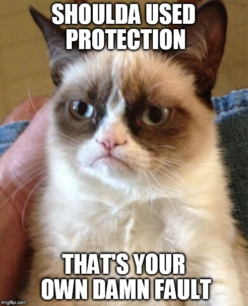 Grumpy Cat Meme | SHOULDA USED PROTECTION THAT'S YOUR OWN DAMN FAULT | image tagged in memes,grumpy cat | made w/ Imgflip meme maker