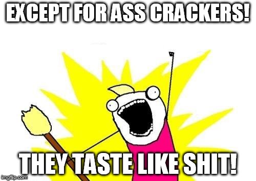 X All The Y Meme | EXCEPT FOR ASS CRACKERS! THEY TASTE LIKE SHIT! | image tagged in memes,x all the y | made w/ Imgflip meme maker