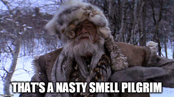 Will Geer in Jeremiah Johnson | THAT'S A NASTY SMELL PILGRIM | image tagged in confession bear,jeremiah johnson,smelly,camping,mountain man,will geer | made w/ Imgflip meme maker
