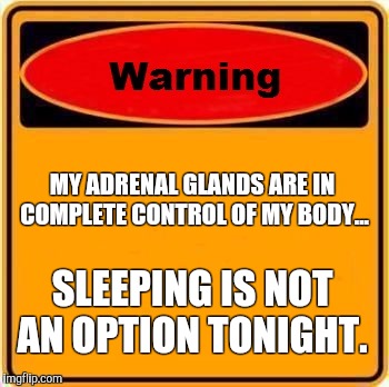 Warning Sign Meme | MY ADRENAL GLANDS ARE IN COMPLETE CONTROL OF MY BODY... SLEEPING IS NOT AN OPTION TONIGHT. | image tagged in memes,warning sign | made w/ Imgflip meme maker